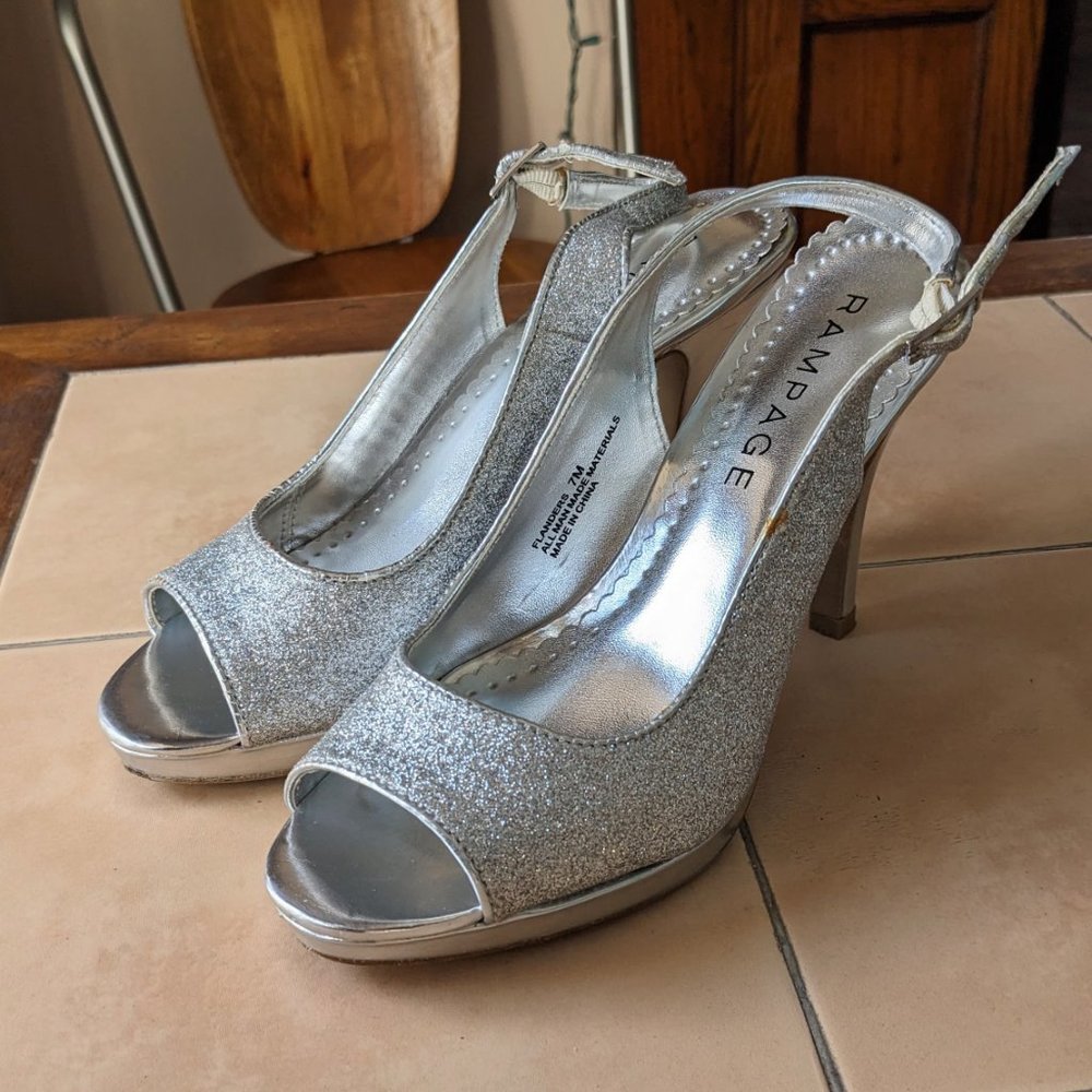 Rampage Glitter Silver Peep Toe Strap Heels